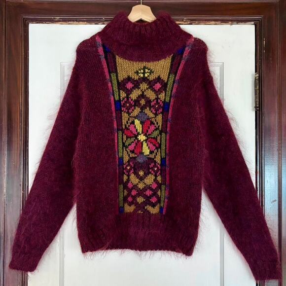 Vintage Jeanne Pierre Burgundy Wool Mohair Turtleneck Floral Sweater- One Size - Picture 1 of 4